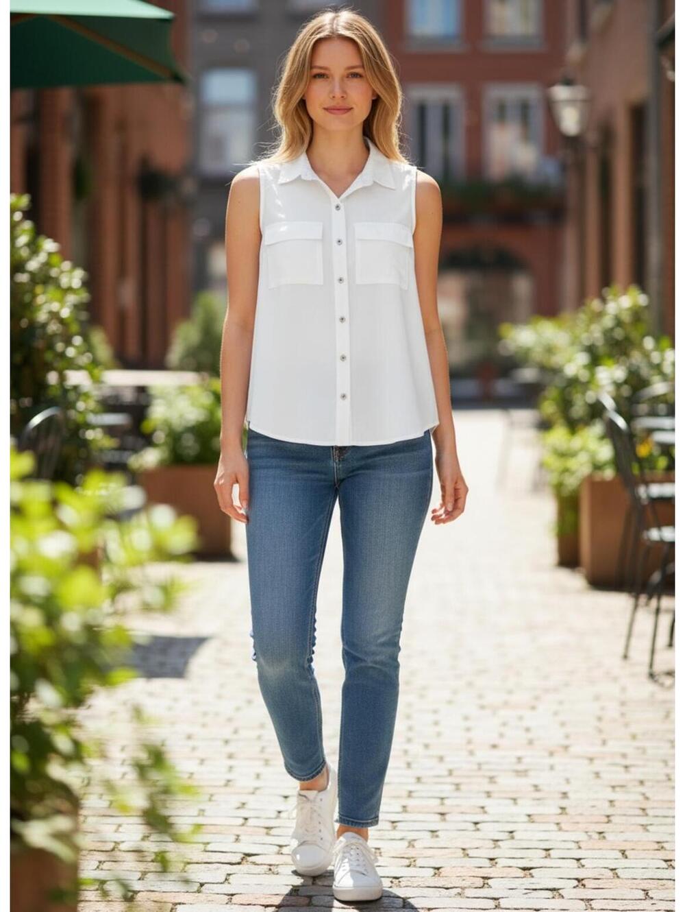 MICHAEL KORS Sleeveless White Button-Up Shirt with Chest Pockets